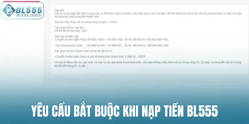Yêu cầu bắt buộc khi nạp tiền BL555